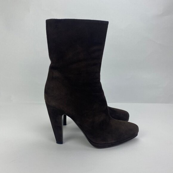 PRADA Chocolate Brown Suede Platform Heeled Mid Calf Boots Size 8 - Picture 4 of 10